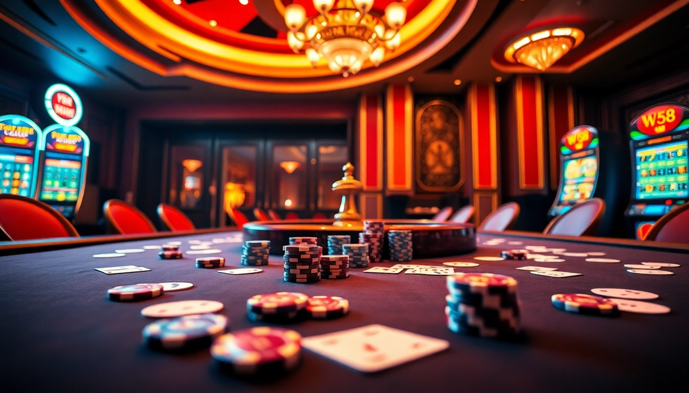 Players engaging in a thrilling poker game at a luxurious casino with the focus on win58 experiences.