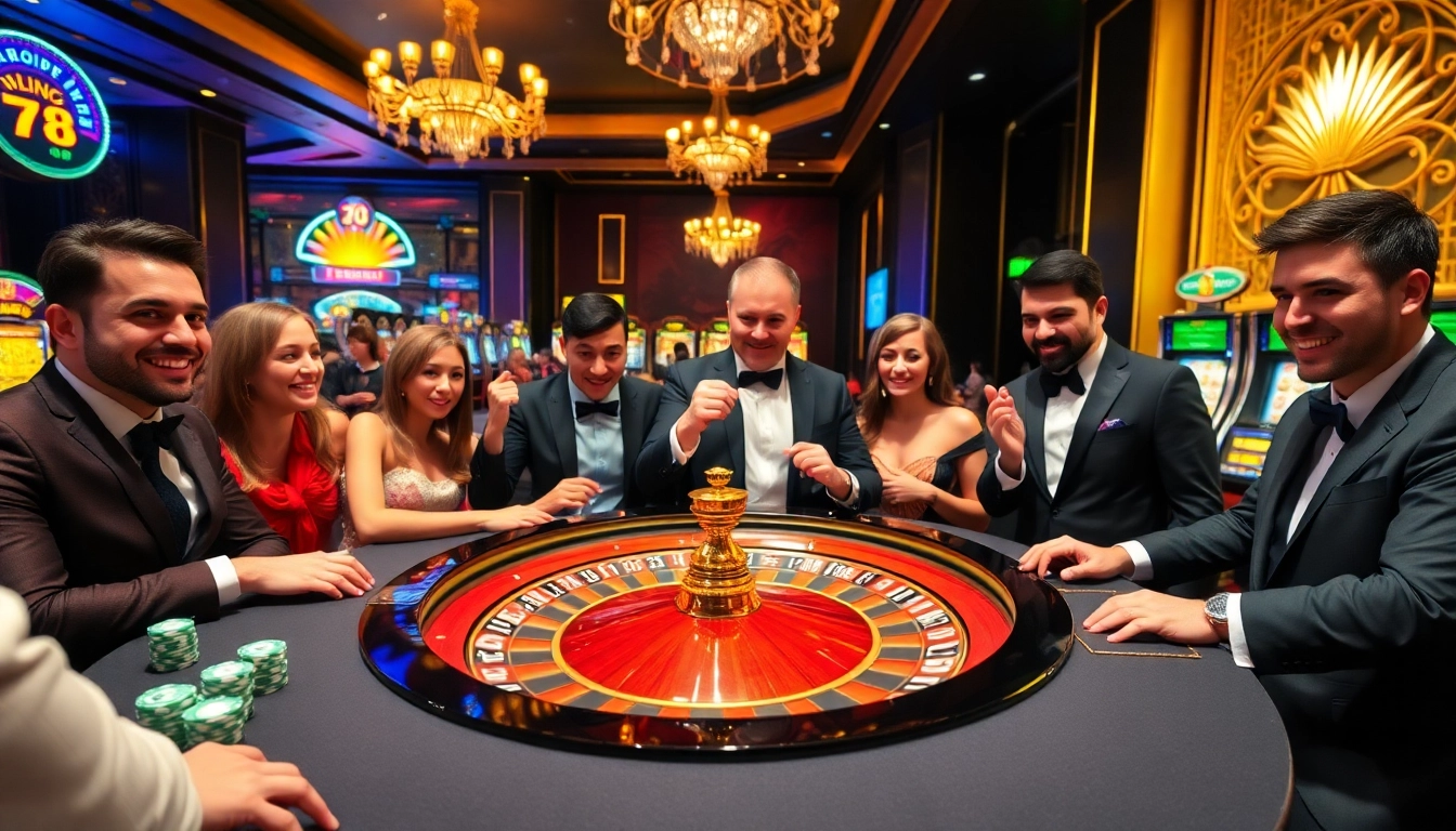 Avisually exciting scene at a casino featuring roulette, players, and vibrant slot machines highlighting the thrills of https://tg88-vn.jpn.com/.