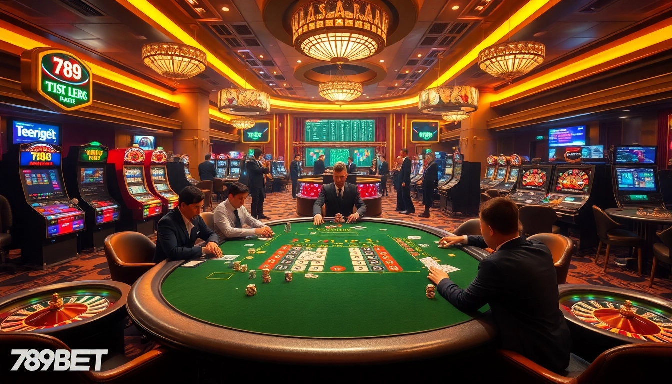 Thrilling poker action at 789BET with vibrant casino tables and professional players.