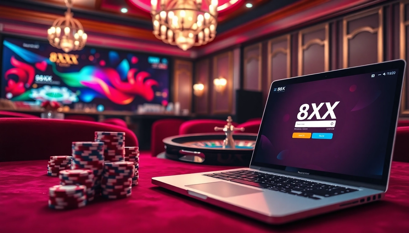 8XX đăng nhập on a luxury casino interface with poker chips and roulette wheel.