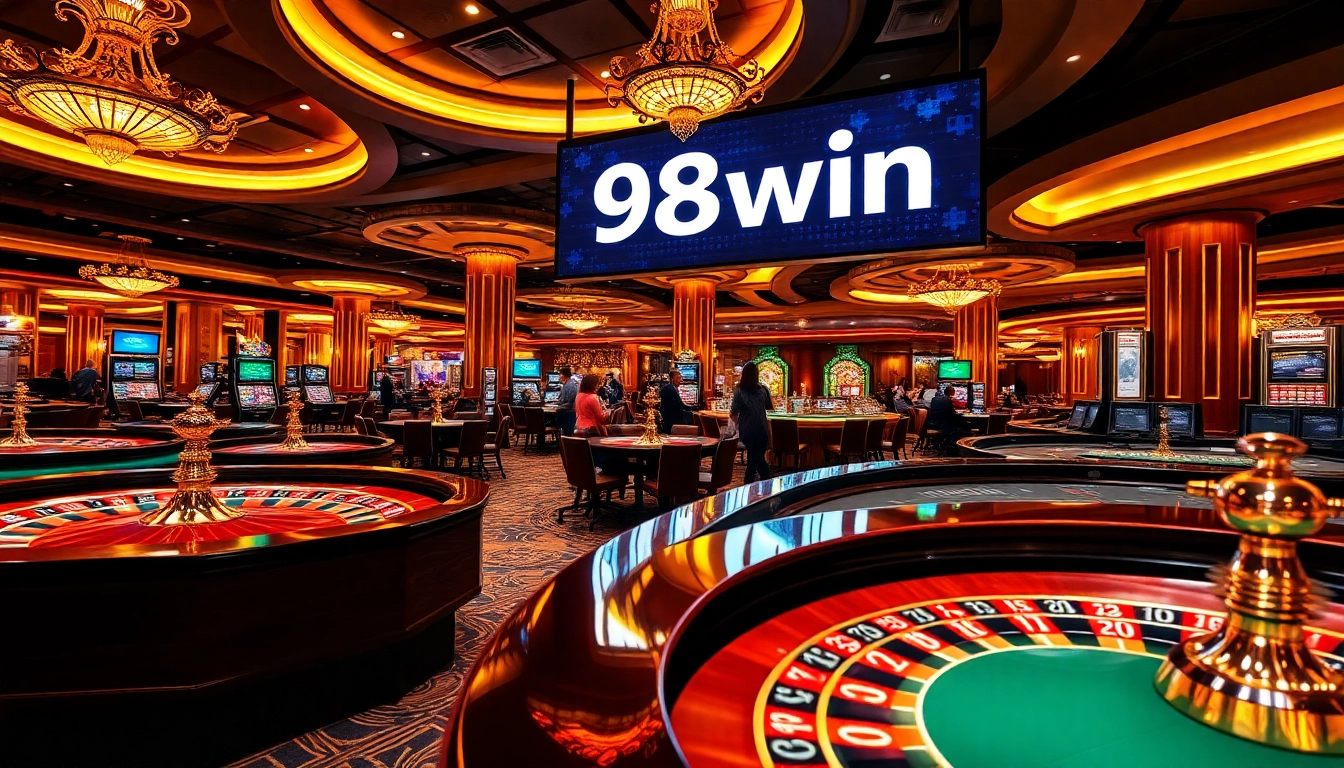 Experience the thrill of the game with 98win showcased in a vibrant casino scene featuring poker chips and roulette tables.