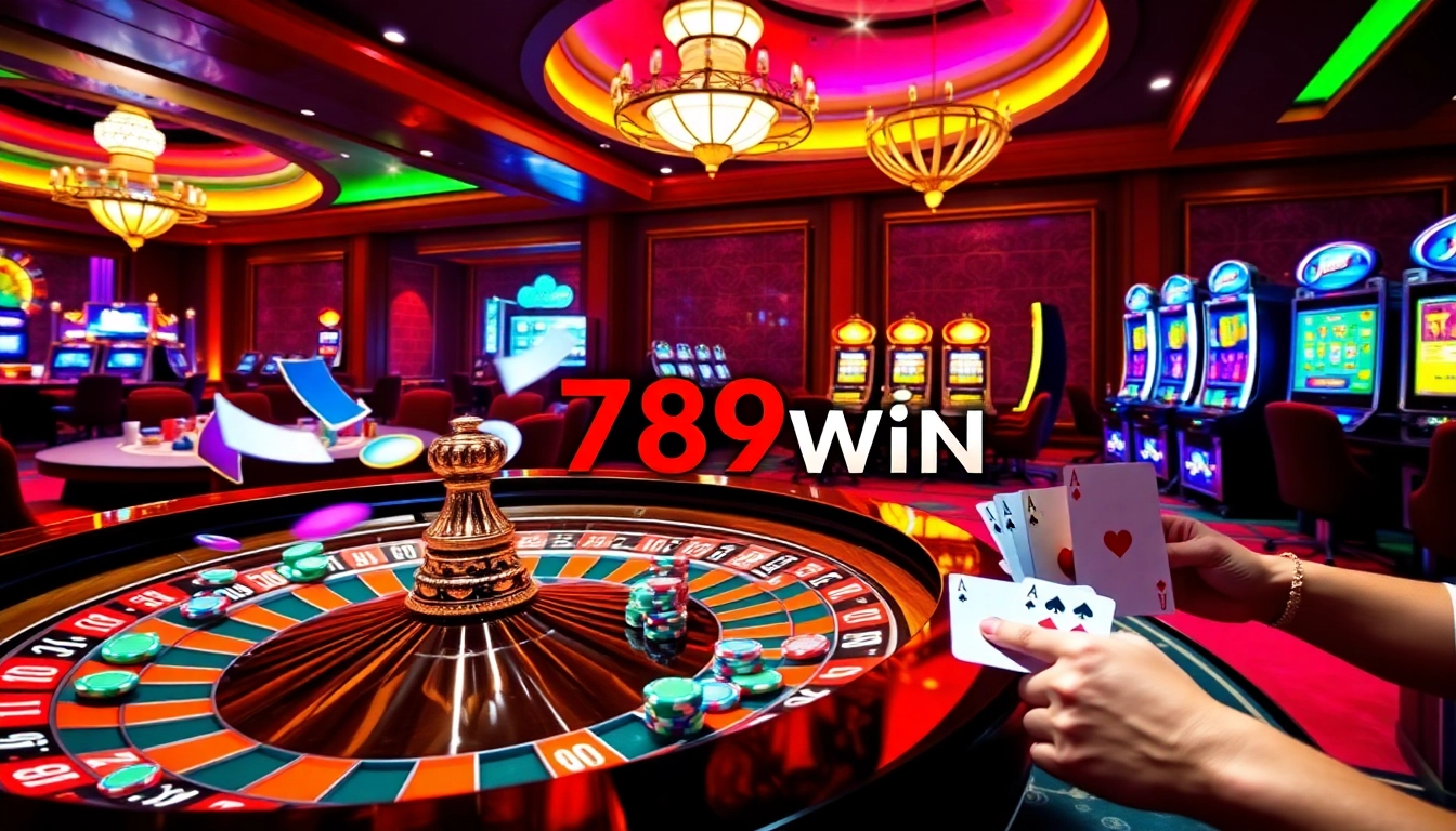 Players enjoying thrilling games at 789win casino with poker cards and roulette.