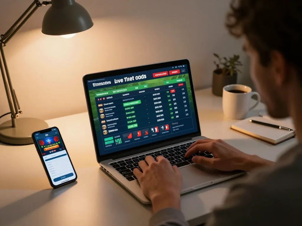 Engaged bettor reviewing odds on NK88 COM while enjoying a strategic sports betting session at home