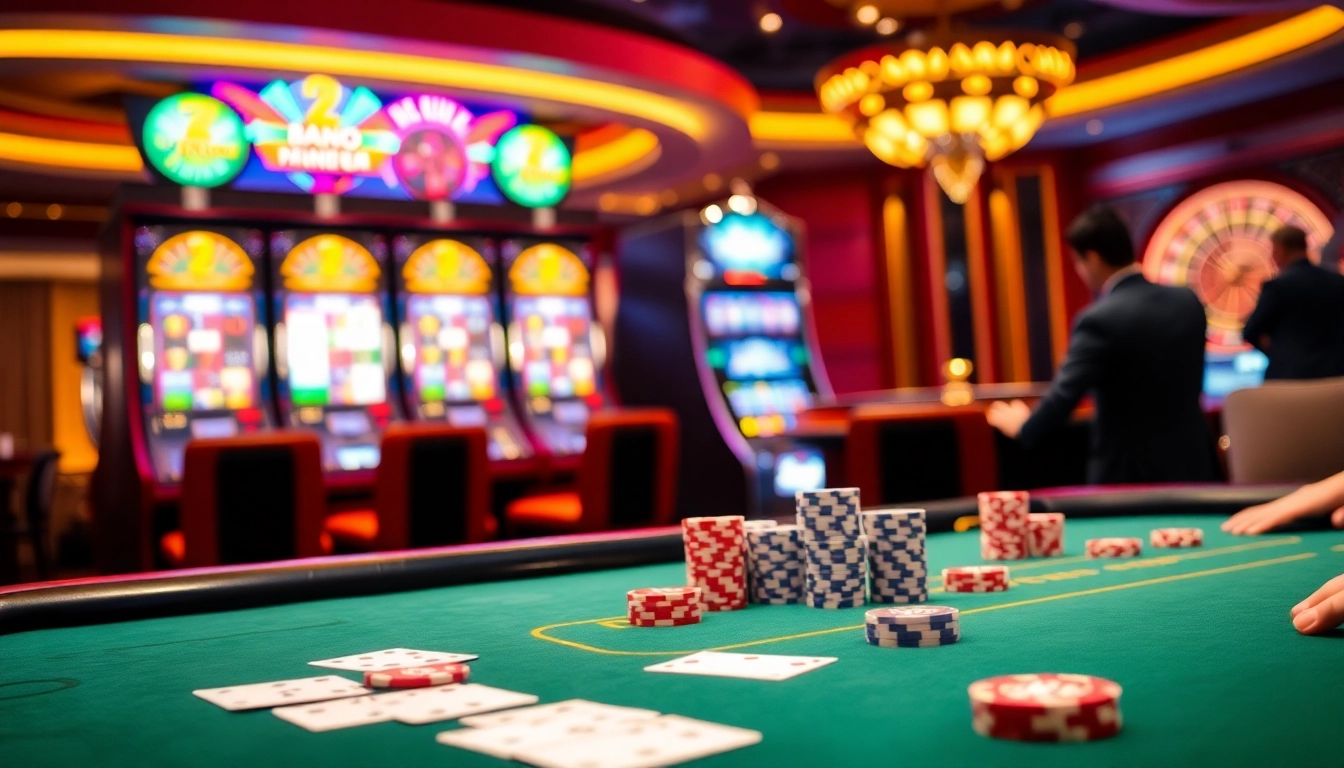 Excited players enjoying a poker game at 68VIP casino, surrounded by vibrant slot machines and roulette tables.