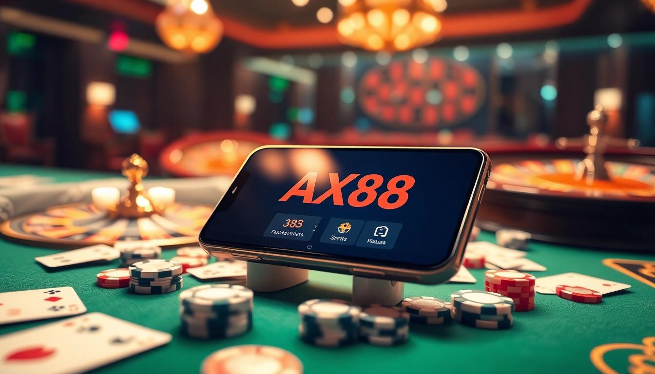 Engaging visual of AX88 APP displayed on a smartphone amidst a lively casino environment.