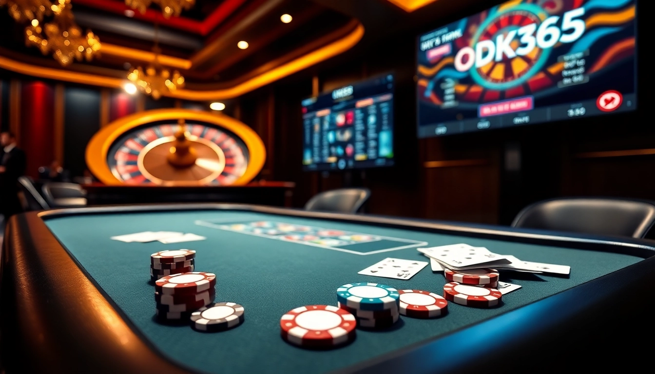 Engaging gamers at a high-stakes OK365 casino table with vibrant poker chips.