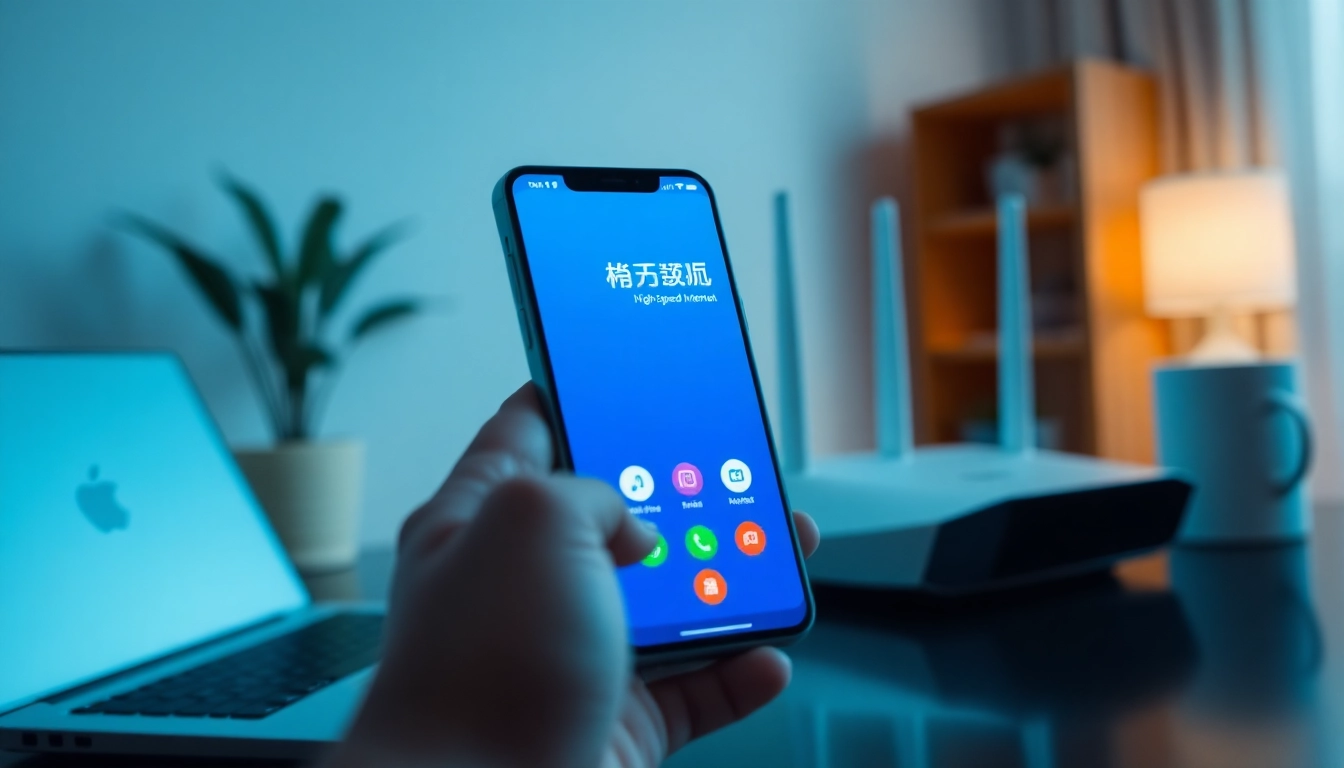 现代家庭办公室中智能手机上的快连下载应用界面。