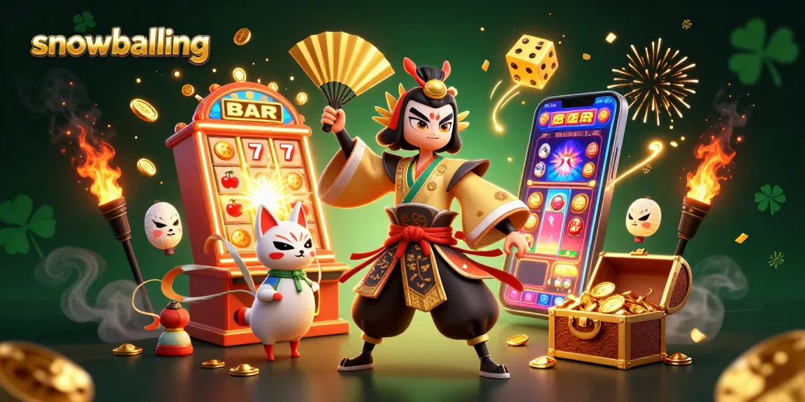 Snowballing in action with a kabuki warrior amid rich casino visuals and dynamic game features.