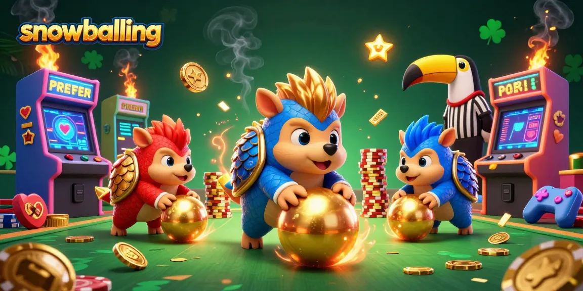 Experience snowballing with pangolins rolling golden balls and bowling through casino chips in a vibrant arcade setting.