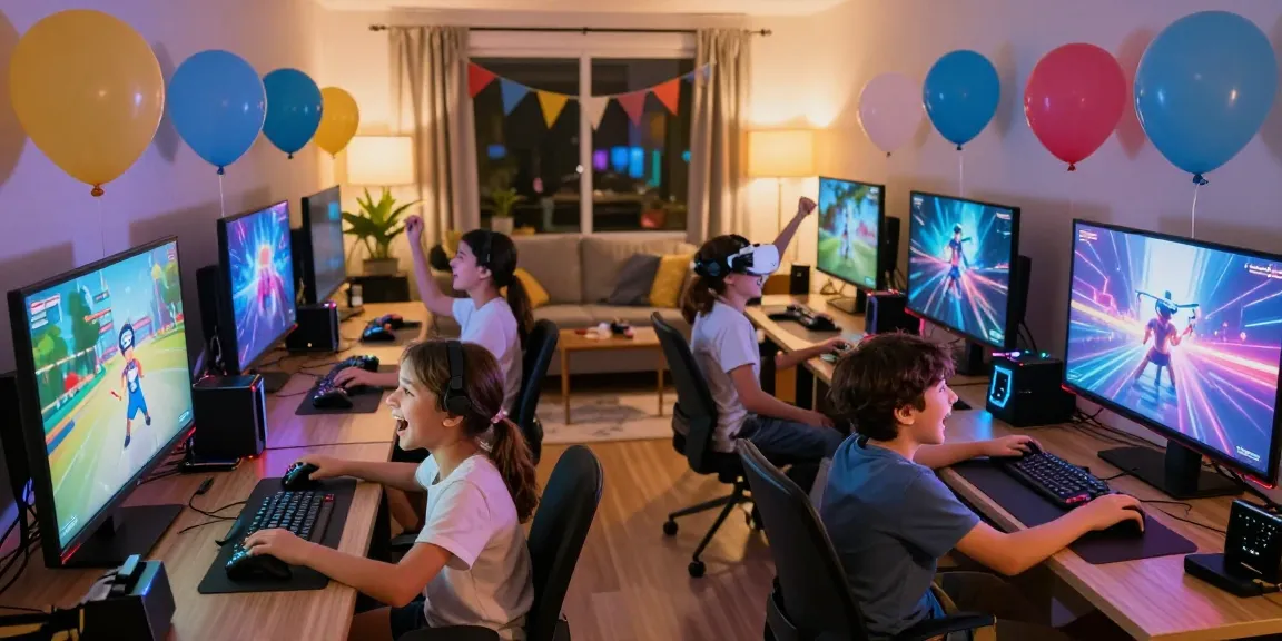 Kids enjoying top gaming parties with consoles, VR headsets, and lively decorations at home.