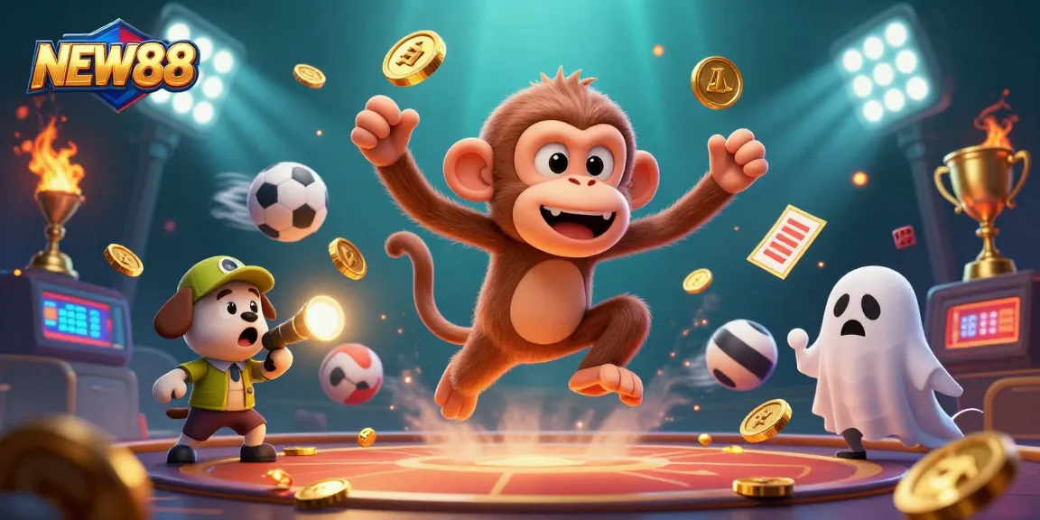 Engage in thrilling gameplay with NEW88's dynamic casino atmosphere featuring gold coins and sports elements.